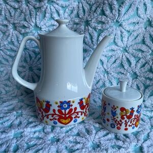 Vintage Teapot & Sugar bowl set Danish folk art partridge bird design MCM